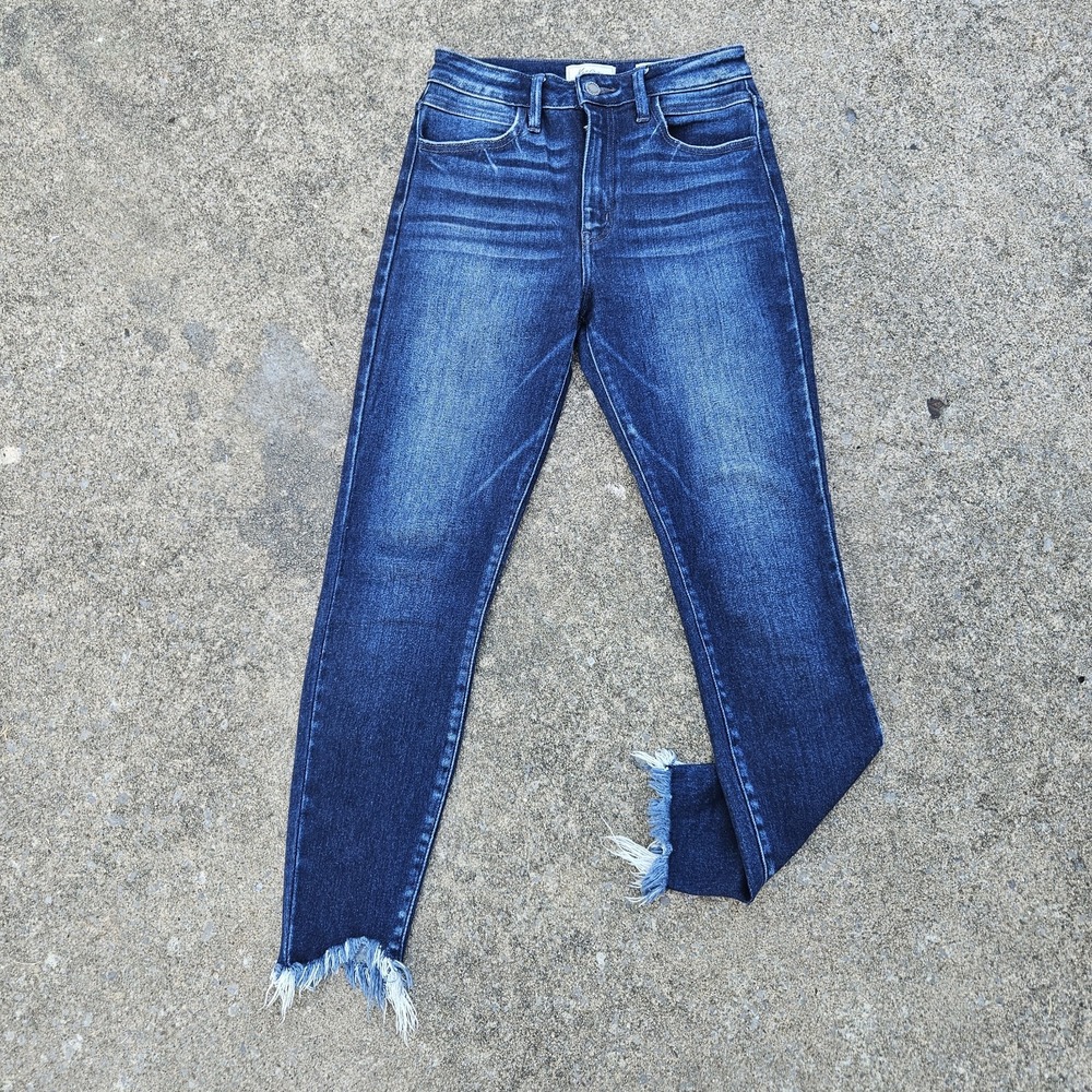 KanCan Jeans Women 25 Blue Skinny High Rise Dark Wash Stretch Kurvy Frayed Ankle